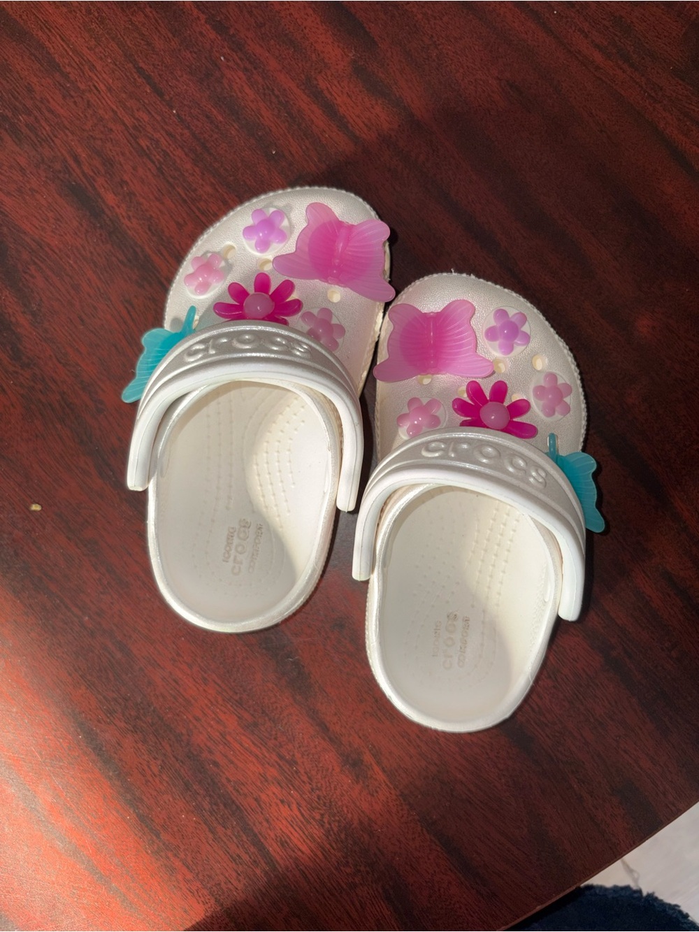 CROCS White Kids Clogs with Pink & Teal Flower Charms